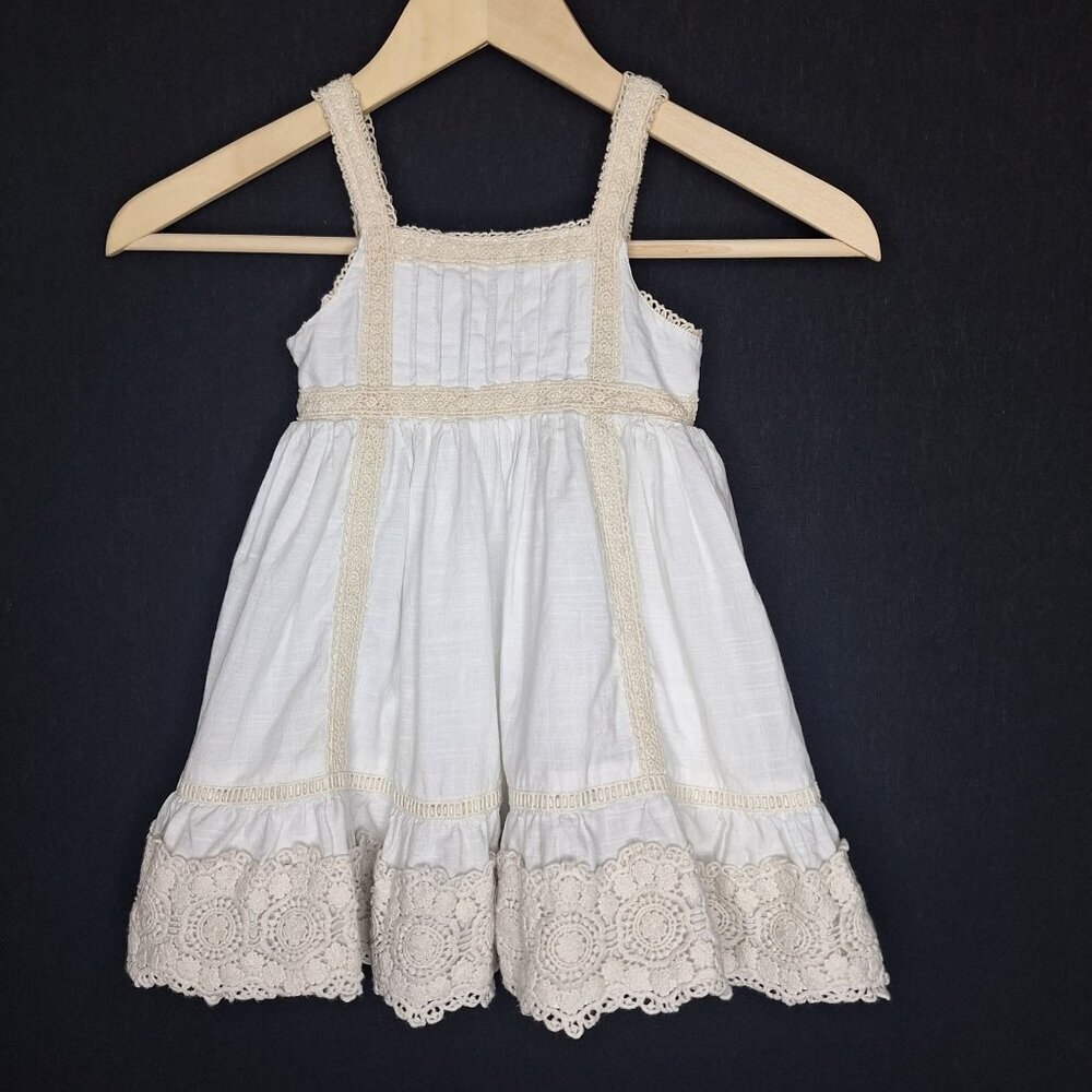 💙 Girls Crochet Lined Cotton Dress Size 2T Cottage Formal Festive Prairie Natur